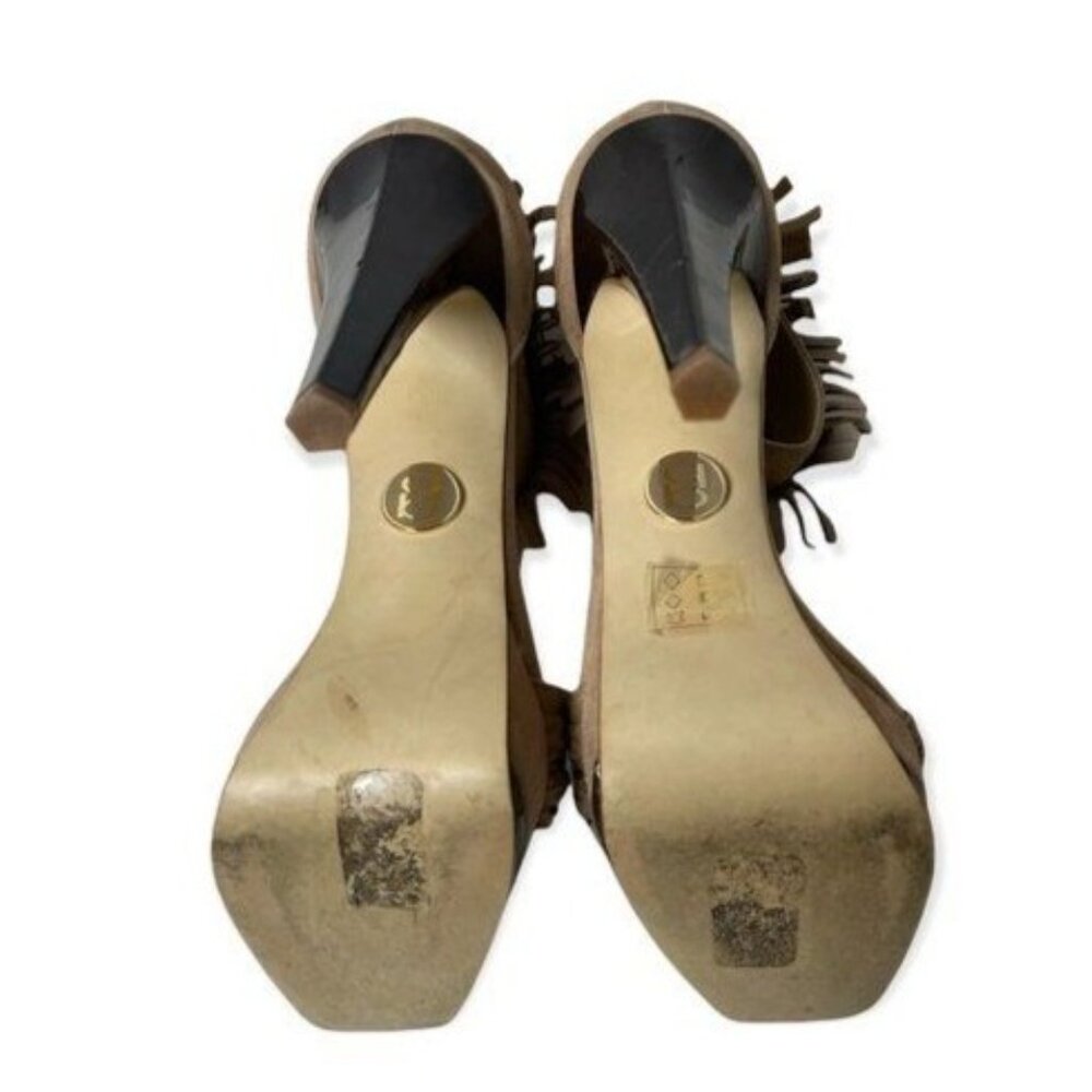 BEBE Tan Suede Leather Heels Fringe Ankle Strap Sz 7 - Picture 4 of 8